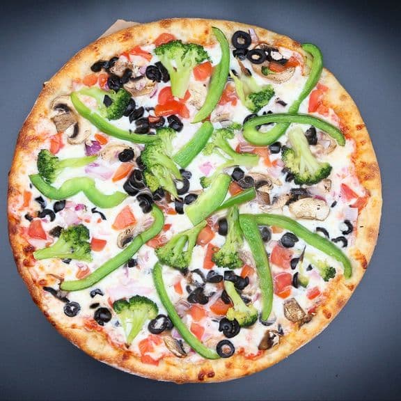Vegetarian Pizza - Choice of white or pizza sauce, mozzarella cheese, mushrooms, onions, tomatoes, peppers, black olives